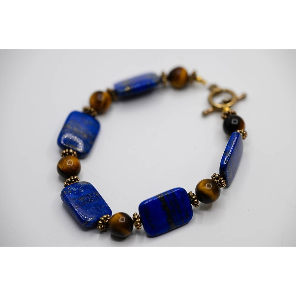 Lapis Lazuli Bracelet Tigers Eye Beaded Gold tone